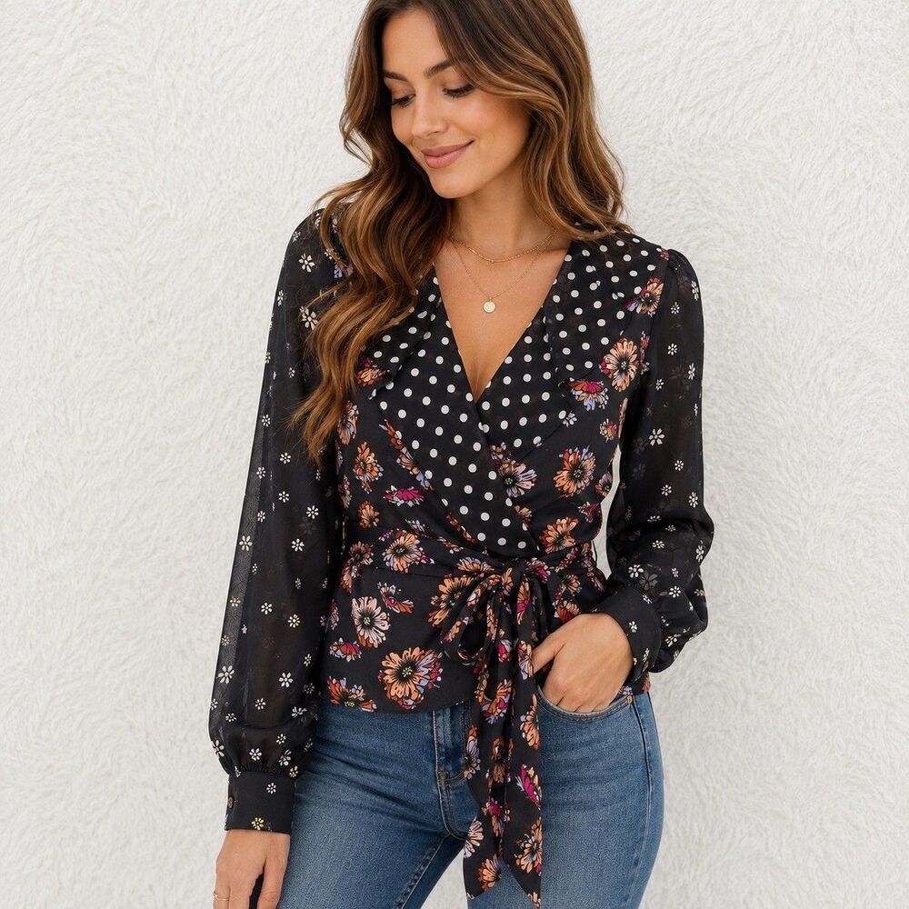 Kachel x Anthropologie Women's Sheer Silk Chiffon Floral V-Neck Tie Blouse Sz 8